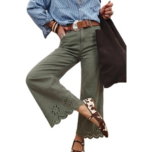 image:imageSidefeel Womens Wide Leg Embroidered Jeans Stretchy Denim PantsGreen