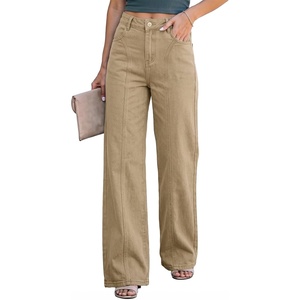 image:imageSidefeel Womens Wide Leg Jeans High Waisted Seamd Baggy Denim PantsKhaki