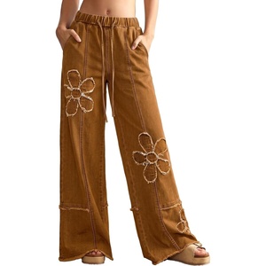 image:imageSidefeel Womens Y2K Floral Wide Leg Elastic High Waisted Baggy JeansBrown